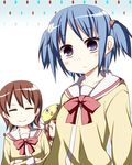  aioi_yuuko blue_hair blush brown_eyes brown_hair closed_eyes hair_cubes hair_ornament multiple_girls naganohara_mio nichijou purple_eyes rioshi school_uniform short_hair smile tachibana_misato tokisadame_school_uniform twintails 