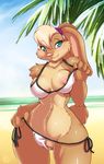  bikini blonde_hair blush breasts clothed clothing exposed female hair inuki lagomorph lola_bunny looking_at_viewer looney_tunes mammal nipple_slip nipples panties panties_aside pink_nose pussy rabbit seaside skimpy solo space_jam swimsuit teasing tree underwear warner_brothers water wide_hips wood 