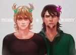  alternate_hairstyle bad_id bad_pixiv_id barnaby_brooks_jr blonde_hair brown_eyes brown_hair face facial_hair glasses goatee green_eyes hair_ornament hairclip kaburagi_t_kotetsu lips male_focus multiple_boys necktie realistic reammara short_twintails stubble tiger_&amp;_bunny twintails 
