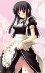  alternate_costume black_eyes black_hair blush enmaided garter_straps hair_ribbon highres long_hair maid migiwa_kazuha panties ribbon skirt skirt_lift solo suzuhira_hiro thighhighs underwear white_legwear white_panties white_ribbon wrist_cuffs yosuga_no_sora 