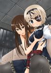  bare_shoulders blonde blue_eyes brown_hair eye_patch grope nude prison restrained skinship_grope sweat tagme yellow_eyes yuri 