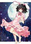  alphes_(style) animal_ears bad_id bad_pixiv_id barefoot black_hair brown_eyes bunny_ears bunny_tail carrot dress inaba_tewi maguroido moon parody short_hair solo style_parody tail touhou 