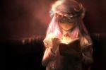  bad_id bad_pixiv_id book book_focus capelet crescent dark hat long_hair patchouli_knowledge purple_hair reading solo tkjuly touhou upper_body 
