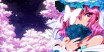  bare_shoulders blue_dress breasts bug butterfly cherry_blossoms cleavage covering_mouth dress face fan folding_fan hat insect medium_breasts night off_shoulder pink_eyes pink_hair r-ko_(rayla) saigyouji_yuyuko solo star_(sky) touhou tree 