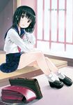  backpack bag between_legs black_hair blush brown_eyes cherry_blossoms comic_rin focke_wulf hand_between_legs highres open_mouth petals pleated_skirt randoseru scan school_bag school_briefcase school_uniform serafuku short_hair sitting skirt solo 