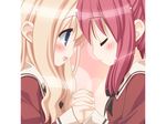  blonde blue_eyes blush cg chibi eroge fuguriya game_cg matsubara_yuna oda_nanami red_eyes red_hair schoolgirl sono_hanabira_ni_kuchizuke_wo tagme yuri 