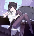  arm_support armchair black_hair black_pantyhose blunt_bangs blush flower gokou_ruri hairband hime_cut kimura_daisuke legs long_hair looking_at_viewer lying mole ore_no_imouto_ga_konna_ni_kawaii_wake_ga_nai pantyhose purple_eyes purple_rose rose skirt skirt_lift solo 