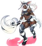  boots breasts chinbotsu dark_skin fur halterneck hammer highres large_breasts lips monster_hunter muscle solo thick_thighs thigh_boots thighhighs thighs urukususu_(armor) white_hair 