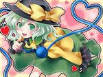  blush bow eyeball finger_to_mouth green_eyes green_hair hat heart heart_of_string komeiji_koishi open_mouth oyuki_(otozuki_mozuku) short_hair skirt smile solo third_eye touhou 