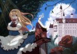  alice_(wonderland) alice_in_wonderland bad_id bad_pixiv_id blonde_hair candy castle caterpillar_(wonderland) chainsaw cloud day dress flower food frills fuurin_(omaemona) hairband lollipop long_hair plant red_flower red_rose rose skirt solo tower tree when_you_see_it 