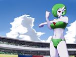  bikini_bottom breasts crowd erect_nipples exercise gardevoir green_hair looking_at_viewer midriff navel nikawa_99-do nozonokusa panties pokemon red_eyes shorts skin_tight sky sports_bra stadium underwear 