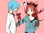  1boy 1girl blue_eyes blue_hair blush bow food genderswap genderswap_(ftm) hair_bow hand_in_pocket highres hood hoodie kurono_yuu mahou_shoujo_madoka_magica miki_saya miki_sayaka pocky ponytail red_eyes red_hair sakura_kyouko school_uniform short_hair 