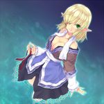  bare_shoulders blonde_hair breasts cleavage collarbone dutch_angle green_eyes hair_over_one_eye looking_at_viewer medium_breasts mizuhashi_parsee off_shoulder pointy_ears saemon_(tonpura) scarf short_hair solo touhou undone_necktie wading water wet 