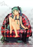  :d ^_^ absurdres argyle armchair barefoot black_footwear black_legwear boots boots_removed bra cellphone chair checkered checkered_background checkered_floor closed_eyes clothes_removed feet feet_on_chair full_body green_hair happy hatsune_miku head_tilt highres knees_up legs long_hair long_neck loose_necktie mao_yu musical_note nail_polish necktie open_clothes open_mouth open_shirt phone scan shirt shoes_removed sitting smile solo talking_on_phone thigh_boots thighhighs toenail_polish toes twintails underwear unzipped vocaloid zipper 