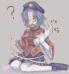  ? bad_id bad_pixiv_id beret blue_eyes blue_hair expressive_clothes gettewi hat jiangshi kneeling miyako_yoshika ofuda open_mouth pale_skin severed_limb short_hair skirt solo star touhou translated zombie 