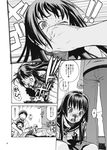  2girls blood face_punch greyscale head_wreath highres hijiri_rei in_the_face monochrome multiple_boys multiple_girls punching saten_ruiko spread_legs to_aru_kagaku_no_railgun to_aru_majutsu_no_index translated uiharu_kazari 