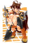  :3 animal_ears blazblue breasts brown_eyes brown_hair dual_wielding fingerless_gloves gloves holding large_breasts makoto_nanaya midriff navel one_knee orange_skirt raikodon revealing_clothes skirt smile solo squirrel_ears squirrel_tail tail toned tonfa underboob weapon 