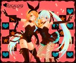  bad_id bad_pixiv_id boots elbow_gloves fishnet_pantyhose fishnets gloves hair_ribbon hatsune_miku heart kagamine_rin long_hair microphone microphone_stand multiple_girls one_eye_closed pantyhose ribbon simple_background skirt star thigh_boots thighhighs twintails v very_long_hair vocaloid yoshizumi_rie 