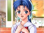  blue_eyes blue_hair casual_romance_club houkago_ren-ai_club restaurant school_uniform 