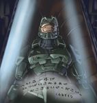  damaged glass halo_(game) halo_4 helmet hironii_(hirofactory) master_chief power_suit science_fiction sleeping solo stasis_tank translated writing 