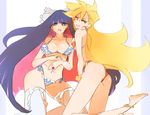  anasta anklet ass barefoot blonde_hair bow bra breasts cleavage earrings hair_bow jewelry large_breasts lingerie medium_breasts midriff multicolored_hair multiple_girls panties panty_&amp;_stocking_with_garterbelt panty_(psg) ring stocking_(psg) thighhighs two-tone_hair underwear 