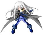  belt bodysuit buckle cape cinque_(nanoha) eyepatch full_body long_hair lyrical_nanoha mahou_shoujo_lyrical_nanoha_strikers numbers'_uniform numbers_(nanoha) silver_hair simple_background skin_tight solo spread_legs uka uniform very_long_hair white_background yellow_eyes yuuka_(o.t.kingdom) 