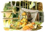  animal bad_id bad_pixiv_id blanket campfire colored_pencil_(medium) fence lying shuna_(snt) shuna_no_tabi sitting solo spinning_thread takasan traditional_media watercolor_(medium) 