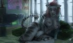  anthro art bed blue_eyes breasts cat clock fel_(character) feline female hair human hybrid kenno_arkkan looking_at_viewer mammal my_life_with_fel nipples nude pillow pinup pose red_hair sitting solo stripes tail tiger white_tiger window 