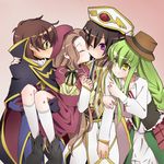  2boys 2girls black_hair braid brother_and_sister brown_hair c.c. cape carrying cc code_geass dress eyes_closed female footwear green_eyes green_hair hat kiss kururugi_suzaku lelouch_lamperouge long_hair male military military_uniform multiple_boys multiple_girls nunnally_lamperouge one_eye_closed purple_eyes shacttainw short_hair siblings single_braid socks uniform white_legwear white_socks wink yellow_eyes 