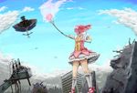  bow clouds dress gloves kaname_madoka kneehighs mahou_shoujo_madoka_magica pink_hair ribbons short_hair sky twintails walpurgis_no_yoru weapon 