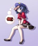  :o blue_eyes blue_hair blush boned_meat food hat meat miyako_yoshika ofuda pale_skin shinjitsu short_hair sitting skirt solo spoken_food star thought_bubble touhou 