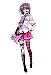  black_eyes black_hair fang hair_ornament hairclip kumadano kure_kirika legs mahou_shoujo_madoka_magica mahou_shoujo_oriko_magica mismatched_legwear short_hair simple_background single_thighhigh solo striped striped_legwear thighhighs 