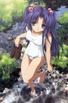  absurdres blue_hair clannad hair_bobbles hair_ornament highres ichinose_kotomi long_hair one-piece_swimsuit school_swimsuit swimsuit third-party_edit white_school_swimsuit white_swimsuit 