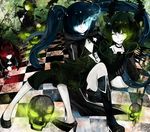  ;q bikini_top black_devil_girl black_gold_saw black_hair black_rock_shooter black_rock_shooter_(character) blue_eyes boots burning_eye chain coat dead_master glasses glowing glowing_eyes green_eyes highres horns katana king_saw long_hair moemoe3345 multiple_girls one_eye_closed pale_skin red_eyes scar shorts skull smile star sword tongue tongue_out twintails weapon 