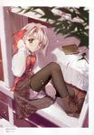  absurdres bed book copyright_request from_outside glasses hair_ribbon hidari_(left_side) highres huge_filesize panties pantyshot ribbon school_uniform sitting_in_window solo thighhighs underwear window windowsill 