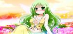  bare_shoulders blush breasts cleavage earth_ekami field flower flower_field green_eyes green_hair highres large_breasts long_hair navel no_nose original smile solo sparkle 