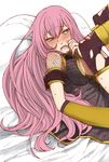  blush boots fishnets long_hair megurine_luka pink_hair solo suko_mugi sweat thighhighs torn_clothes vocaloid 