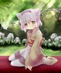  animal_ears bad_id bad_pixiv_id blush cat_ears flower green_eyes hairband japanese_clothes one_eye_closed original pantyhose purple_hairband rock shiratama_(shiratamaco) short_hair silver_hair sitting smile solo white_legwear yokozuwari 