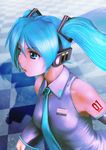  :o aqua_neckwear arm_tattoo bare_shoulders blue_eyes blue_hair breasts checkered checkered_floor clothes_writing collared_shirt copyright_name detached_sleeves eyebrows_visible_through_hair grey_shirt hatsune_miku headphones headset long_hair long_sleeves looking_down necktie number_tattoo open_mouth shadow shirt small_breasts solo tattoo twintails upper_body very_long_hair vocaloid wing_collar yusao 