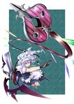  apron bat_wings black_gloves blue_dress braid clenched_teeth commentary_request dress foreshortening from_above gloves glowing glowing_eyes highres izayoi_sakuya kage_houshi knife laevatein maid maid_headdress red_eyes silver_hair solo teeth touhou twin_braids waist_apron wings 