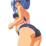  ass bare_shoulders blue_hair busou_shinki dd_(ijigendd) pink_eyes short_hair simple_background solo strarf swimsuit 