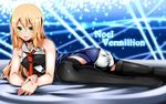  absurdres ass black_legwear blazblue blonde_hair blush green_eyes highres long_hair lying necktie noel_vermillion open_mouth parsley_(kn-08) solo thighhighs 