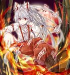  bad_id bad_pixiv_id bamboo bow fire fujiwara_no_mokou grin hair_bow highres long_hair lunica moon pants ponytail red_eyes shoes smile solo suspenders touhou white_hair 