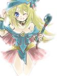  adjusting_hat bare_shoulders black_magician_girl blonde choker dark_magician_girl detached_sleeves wand wink yugioh 