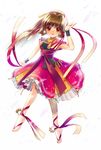  ankle_bell ankle_lace-up anklet barefoot bell brown_eyes brown_hair cross-laced_footwear dancer dancing dress highres jewelry long_hair looking_at_viewer nobu_(nobudokoro) original ribbon smile solo toe-point wrist_cuffs 