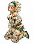  armor armored_boots barioth_(armor) boots buckle full_body headwear kneeling looking_at_viewer midriff monster_hunter monster_hunter_3 purin sidelocks simple_background solo thigh_boots thigh_strap thighhighs white_background 