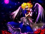  angel_wings blonde_hair bow closed_eyes flower full_moon gengetsu incest kiss kiyonaka_rei moon mugetsu multiple_girls red_bow ribbon siblings sisters touhou touhou_(pc-98) wings yuri 