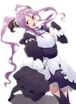  amami_amayu bra breasts demon_girl elbow_gloves gloves horns large_breasts lingerie long_hair maid_headdress monster_collection punching purple_hair red_eyes solo twintails underwear 