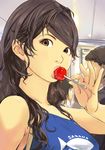  brown_eyes brown_hair candy carina_(xiaowoo) face food highres lips lollipop long_hair original solo upper_body 