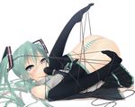  aqua_eyes aqua_hair bdsm blush bondage bound cable detached_sleeves entangled hatsune_miku long_hair lying microphone panties sentoiro simple_background skirt solo striped striped_panties thighhighs top-down_bottom-up twintails underwear vocaloid 